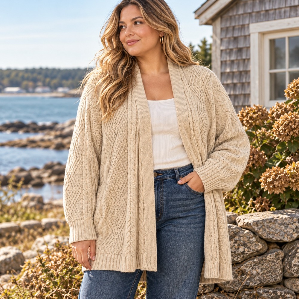 J Jill Women Open Front Cable Knit Cardigan Plus Size 2X Beige Beach Boho Office